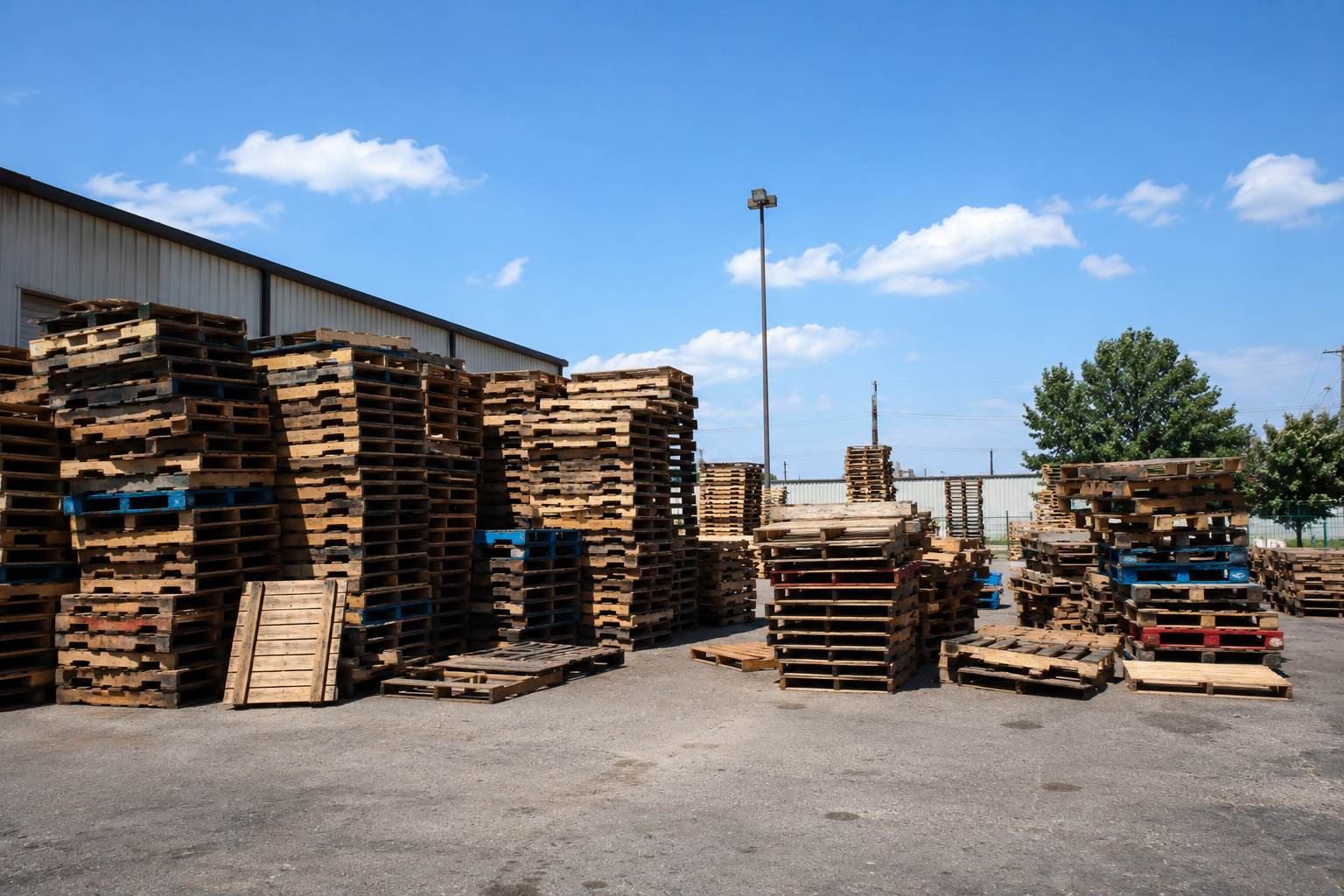 Reclaimed wood pallets stacked in the Cincinnati Pallet outdoor yard under a blue sky