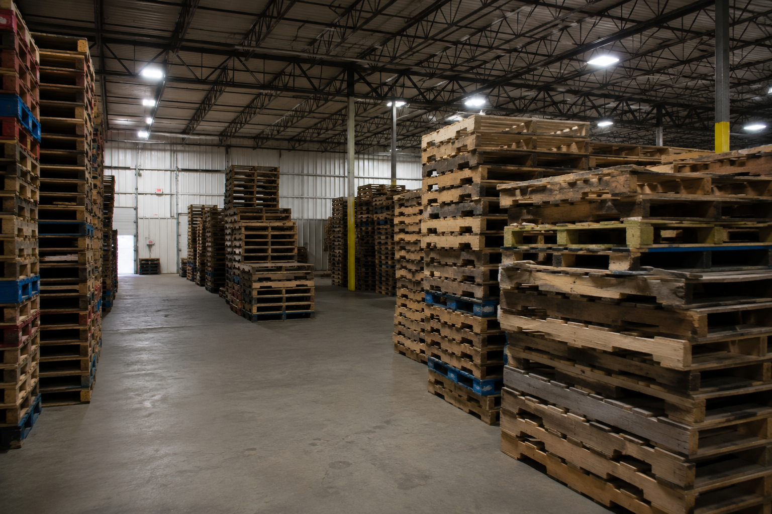 Sorted pallets stacked along a warehouse aisle, ready to ship
