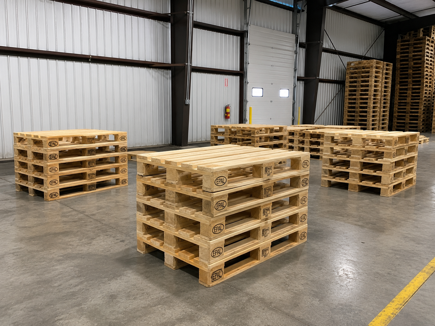 Brand-new block and stringer pallets stacked neatly in the warehouse