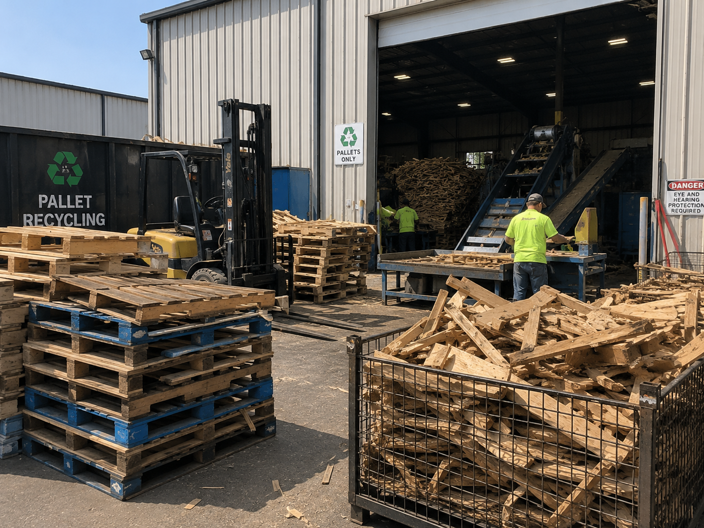 The pallet recycling line with a forklift, crew, and grinder
