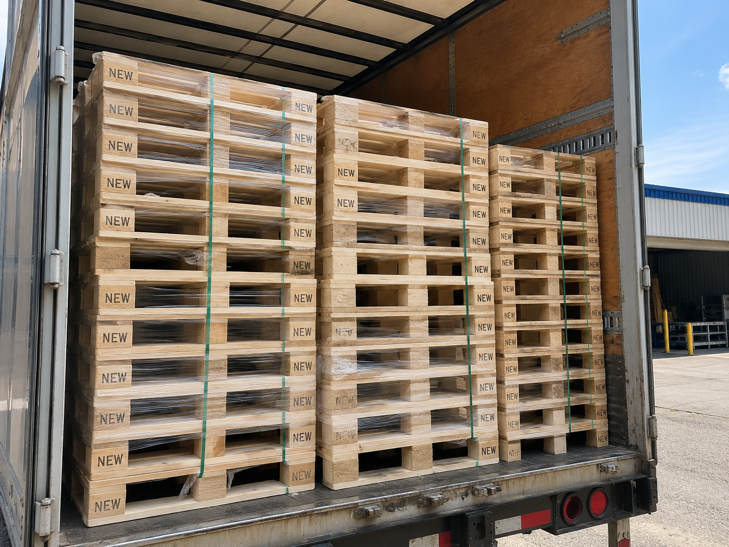 A box truck loaded with bundles of new pallets for delivery
